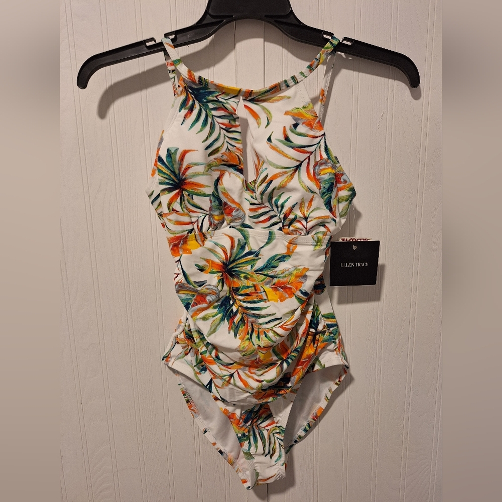 Ellen Tracy Palm Print Halter One Piece | Tummy Control | NWT - Picture 2 of 7